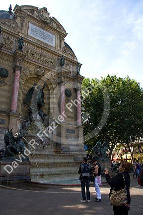 The Fontaine Saint-Michel located in the Place Saint-Michel, Paris, France.
