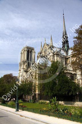 Notre Dame de Paris located along the Seine River in Paris, France.