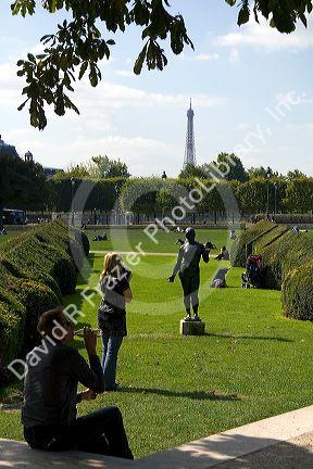 Visitors at the Tuileries Garden near the Lourve in Paris, France.