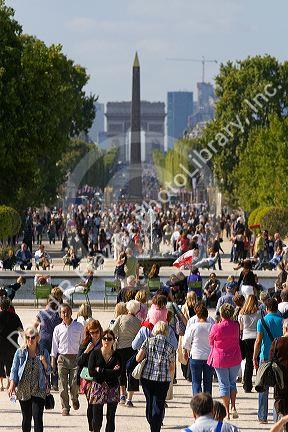 The Obelisk of Luxor and the Arch de Triomphe at the west end of the Avenue des Champs-Elysees in Paris, France.