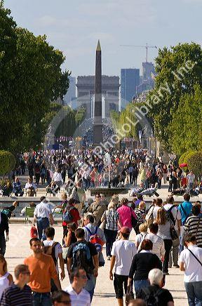 The Obelisk of Luxor and the Arch de Triomphe at the west end of the Avenue des Champs-Elysees in Paris, France.