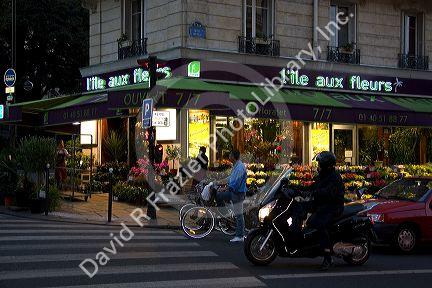 Flower shop in evening light located in Paris, France.