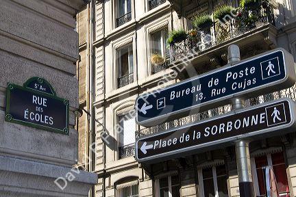 French language street signs in the Latin Quarter of Paris, France.