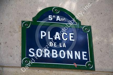 Place de la Sorbonne sign in Paris, France.
