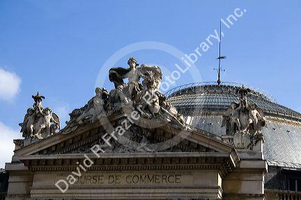 The portico of the Bourse de Commerce building in Paris, France.