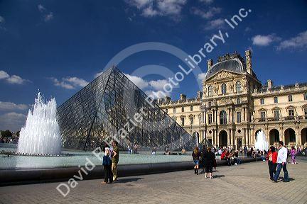 The glass pyramid at the Louvre Palace housing the Louvre Museum in Paris, France.