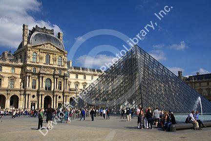 The glass pyramid at the Louvre Palace housing the Louvre Museum in Paris, France.