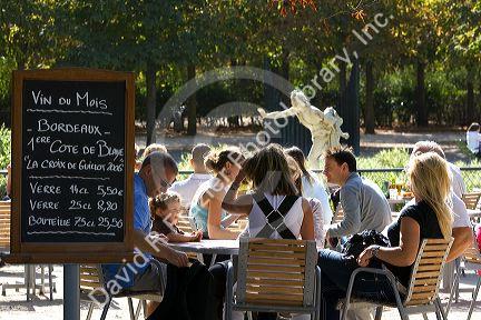 Outdoor restaurant at the Tuileries Garden near the Lourve in Paris, France.
