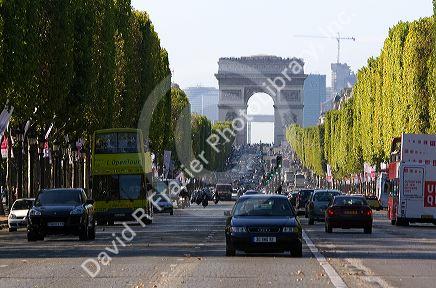 The Arch de Triomphe at the west end of the Avenue des Champs-Elysees in Paris, France.
