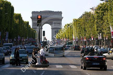 The Arch de Triomphe at the west end of the Avenue des Champs-Elysees in Paris, France.