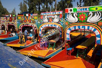 Colorful trajineras travel on the Xochimilco canals within Mexico City, Mexico.