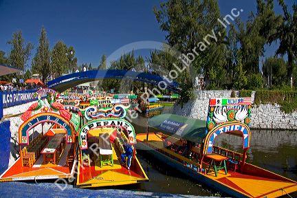 Colorful trajineras travel on the Xochimilco canals within Mexico City, Mexico.