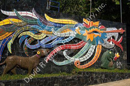 Mosaic artwork created by Diego Rivera along the outside wall of The House of the Winds where Dolores Olmedo Patino and Diego Rivera once lived, Acapulco, Guerrero, Mexico.