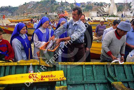 Fishermen sell fresh caught fish out of boats on the beach at Valparaiso, Chile.