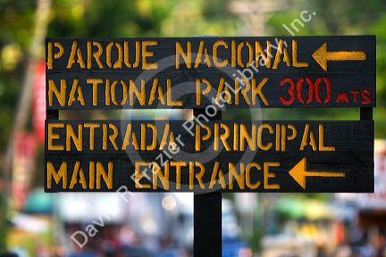 Sign for the Manuel Antonio National Park in Puntarenas province, Costa Rica.