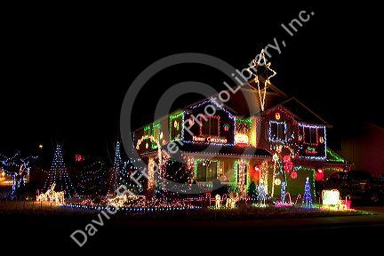 Homes decorated with holiday lights in Boise, Idaho.