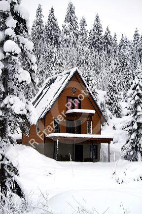 Winter weather at the Snoqualmie Pass summit along Interstate 90 through the Cascade Range in Washington, USA.