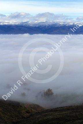 Valley fog and the Cascade Range near Ellensburg, Washington, USA.
