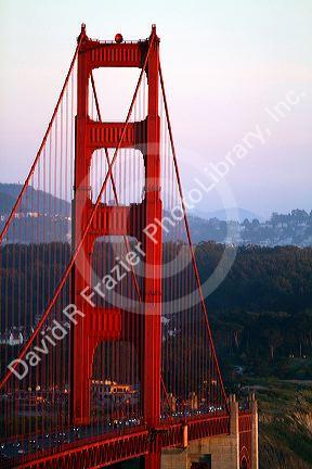 The Golden Gate Bridge at dusk in the San Francisco Bay area, California, USA.
