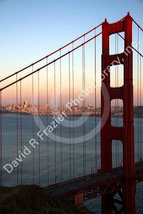 The Golden Gate Bridge at dusk in the San Francisco Bay area, California, USA.