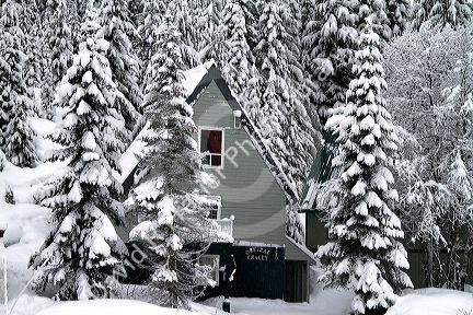 Winter weather at the Snoqualmie Pass summit along Interstate 90 through the Cascade Range in Washington, USA.