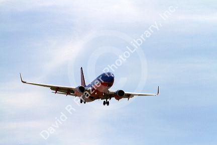 Southwest airlines Boeing 737 aircraft on final approach to the Boise Airport, Idaho, USA.