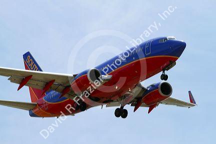 Southwest airlines Boeing 737 aircraft on final approach to the Boise Airport, Idaho, USA.