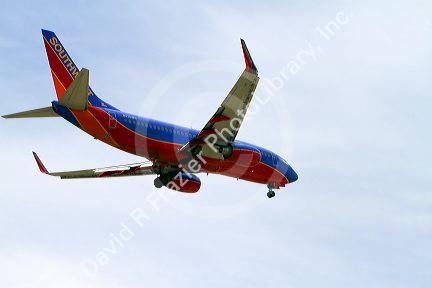 Southwest airlines Boeing 737 aircraft on final approach to the Boise Airport, Idaho, USA.