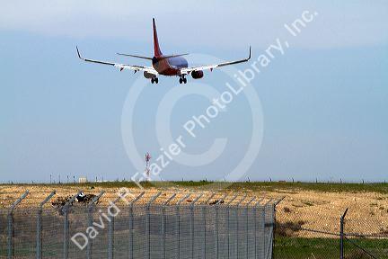 Southwest airlines Boeing 737 aircraft on final approach to the Boise Airport, Idaho, USA.