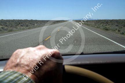 Drivers hand on the steering wheel of an automoble, Oregon, USA.