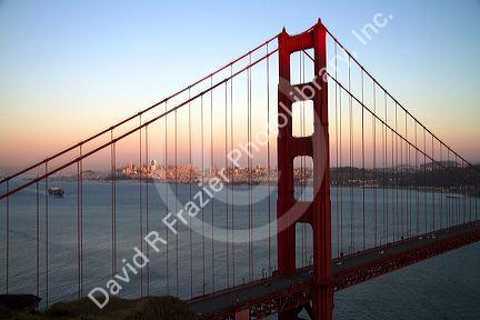 The Golden Gate Bridge at dusk in the San Francisco Bay area, California, USA.