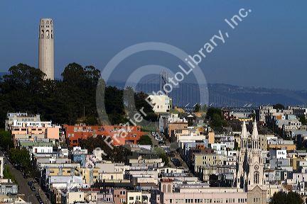 Coit Tower atop Telegraph Hill in the city of San Francisco, California, USA.