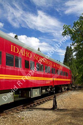 The Thunder Mountain Line scenic tourist train traveling along the Payette River between Horseshoe Bend and Banks, Idaho, USA.