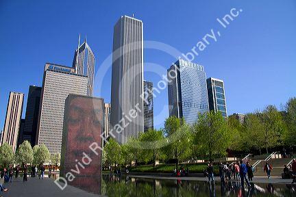 The Crown Fountain interactive public art and video sculpture in Millennium Park, Chicago, Illinois, USA.