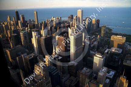 Aerial view of the city and Lake Michigan waterfront from the Willis Tower in Chicago, Illinois, USA.