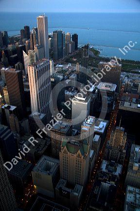 Aerial view of the city and Lake Michigan waterfront from the Willis Tower in Chicago, Illinois, USA.
