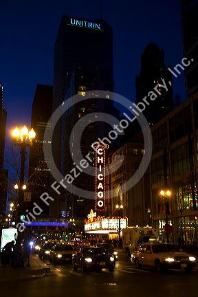 A night view of the Chicago Theatre on North State Street in the Loop area of Chicago, Illinois, USA.
