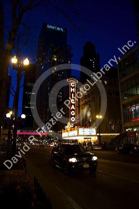 A night view of the Chicago Theatre on North State Street in the Loop area of Chicago, Illinois, USA.