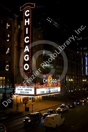A night view of the Chicago Theatre on North State Street in the Loop area of Chicago, Illinois, USA.