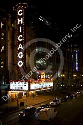 A night view of the Chicago Theatre on North State Street in the Loop area of Chicago, Illinois, USA.