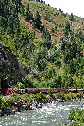 The Thunder Mountain Line scenic tourist train traveling along the Payette River between Horseshoe Bend and Banks, Idaho, USA.