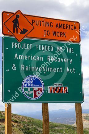 American Recovery and Reinvestment funded road work sign within the Mesa Verde National Park, Colorado, USA.