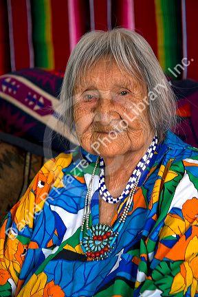Native Pueblo elderly woman in San Felipe Pueblo, New Mexico, USA.