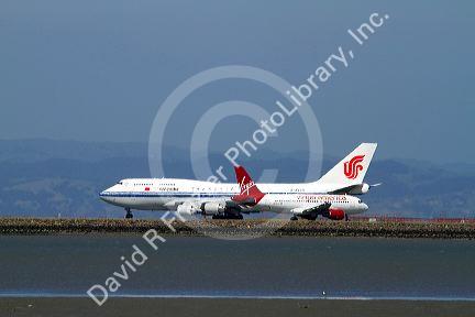 Airliner at take off from San Francisco International Airport, California, USA.