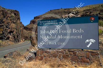 Entrance sign for John Day Fossil Beds National Monument Sheep Rock Unit in Eastern Oregon, USA.
