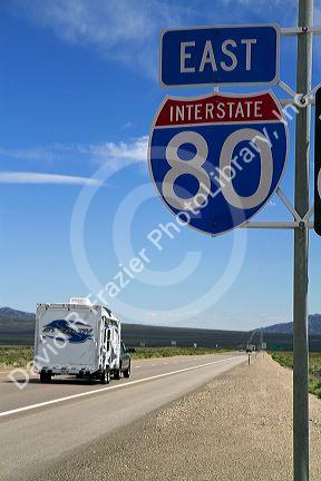 Interstate 80 road sign in northeast Nevada, USA.
