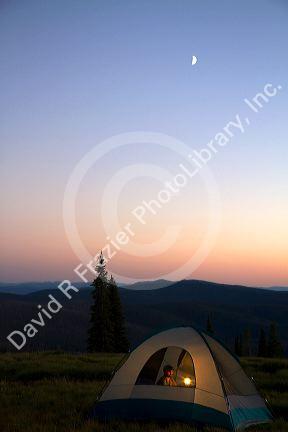 Tent camping at the summit of Green Mountain along the historic Magruder Corridor road that devides the Frannk Church-River of No Return Wilderness Area and the Selway-Bitterwoot Wilderness in Idaho, USA.