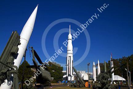 Saturn V mock-up and various rockets on display at the U.S. Space and Rocket Center located in Huntsville, Alabama, USA.