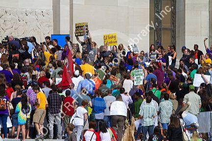 Demonstrators protest educational funding cuts on the steps of the state capitol building in Baton Rouge, Louisiana, USA.