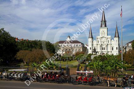 Saint Louis Cathedral and Jackson Square located in the French Quarter of New Orleans, Louisiana, USA.